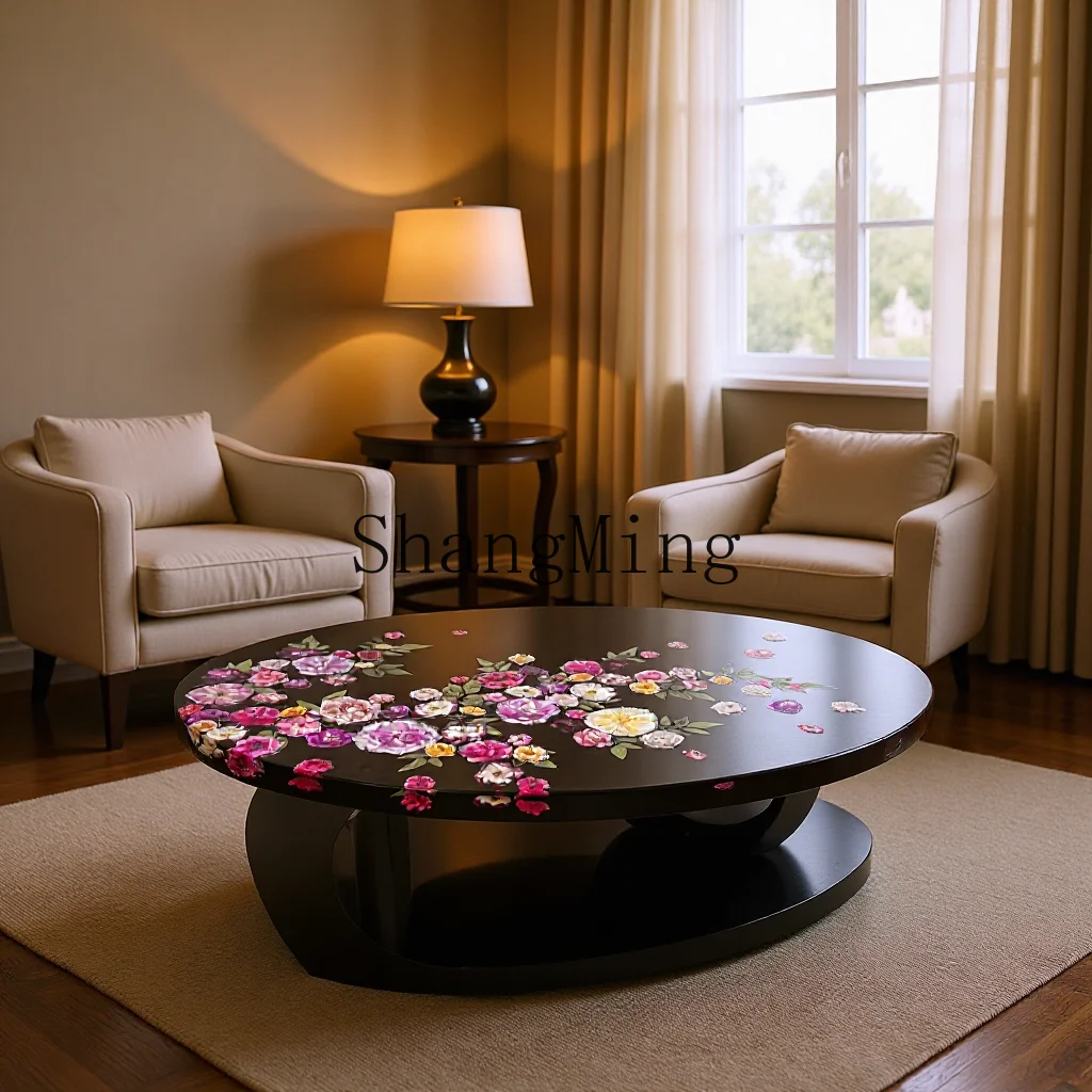 

CL Light Luxury Real Flower Inlaid Epoxy Resin Round Coffee Table Tea Table Living Room Home Use Small Round Table