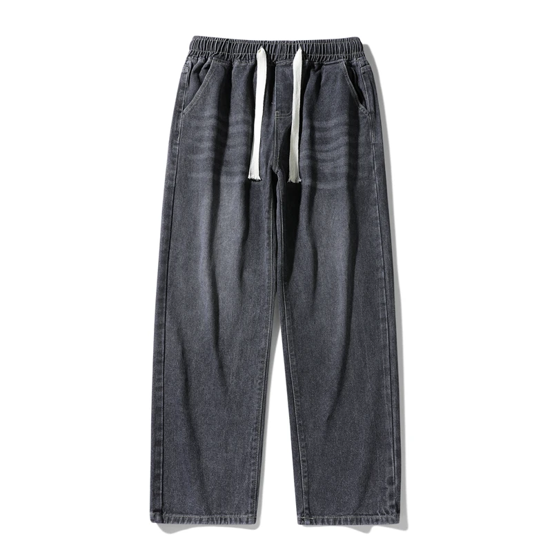 

High Street Men Jeans Fahsion Loose Korean Style Denim Wide Leg Pants Elastic Waist Strap Fashion Casual Jogger Denim Trousers