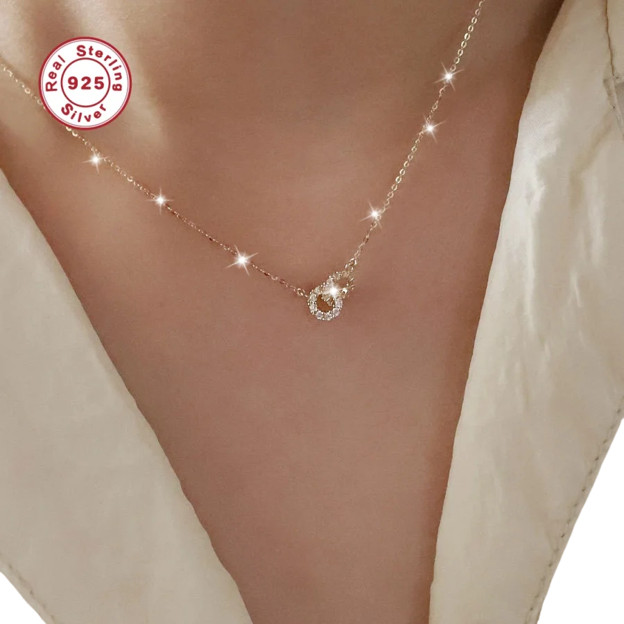 Elegant S925 Silver Pendant Necklace with Intricate Double Ring Design - April Birthstone, Synthetic Zirconia, Versatile for Dai