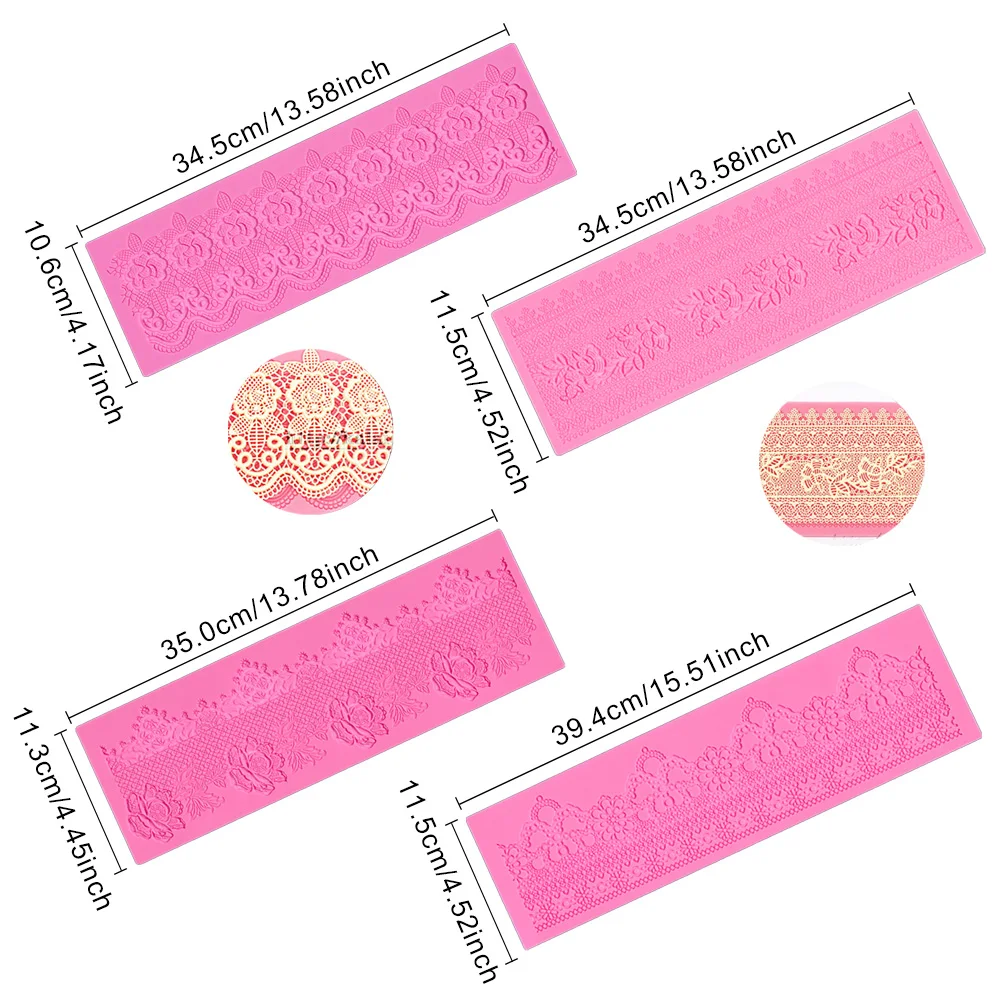4 Pattern Fondant Lace Silicone Mat Texture Impression Mat Flower,Leaf Pattern Fondant Cake Decor Cupcake Topper Mold Mat