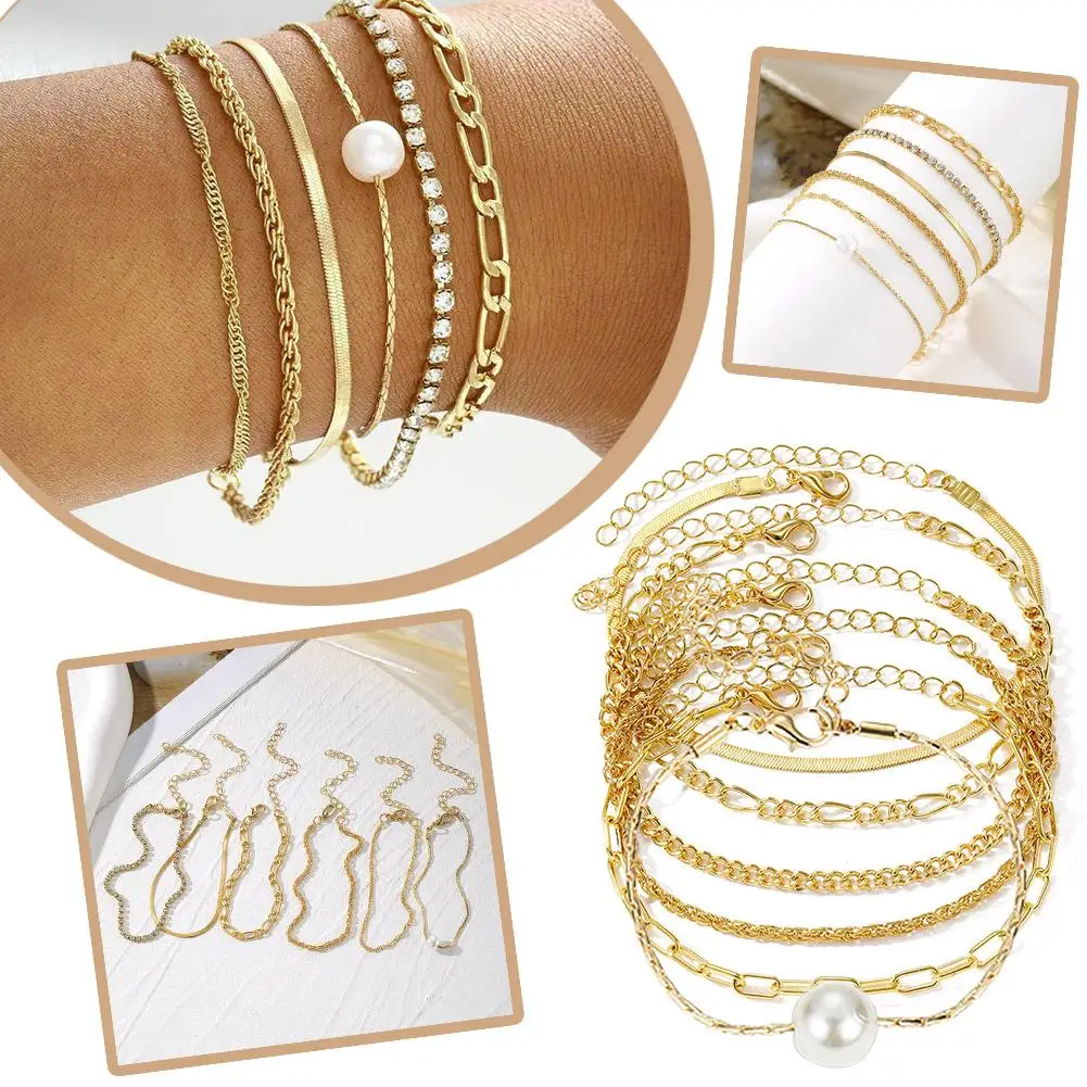 Simple High-end 6pcs Bohemian Minimalist Hand Decoration Multi Metal G Accessories Bracelet Birthday Chain Chain Layered Wo K6y2