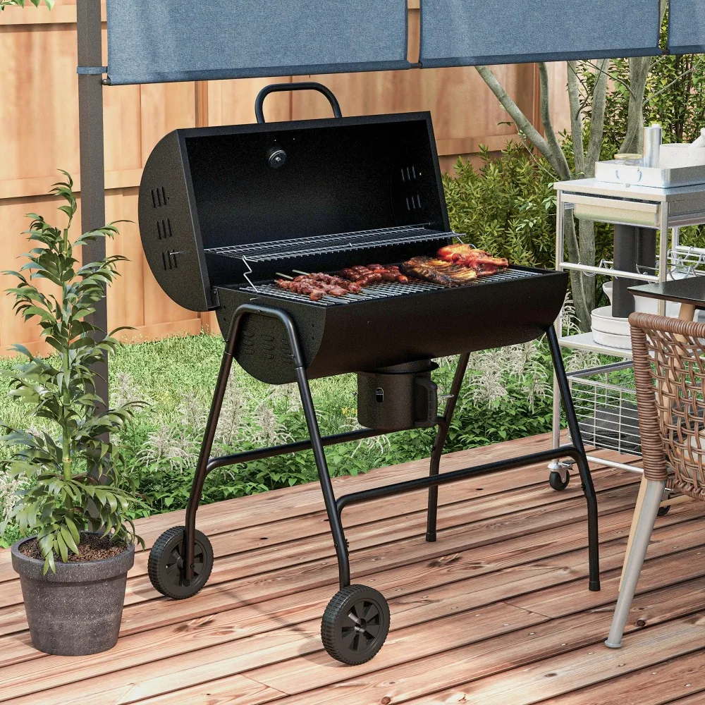 

Barrel Charcoal BBQ Grill 420 sq.in Cooking Area 8 Burgers Wheels Ash Catcher Built-in Thermometer Picnic Backyard Party Black