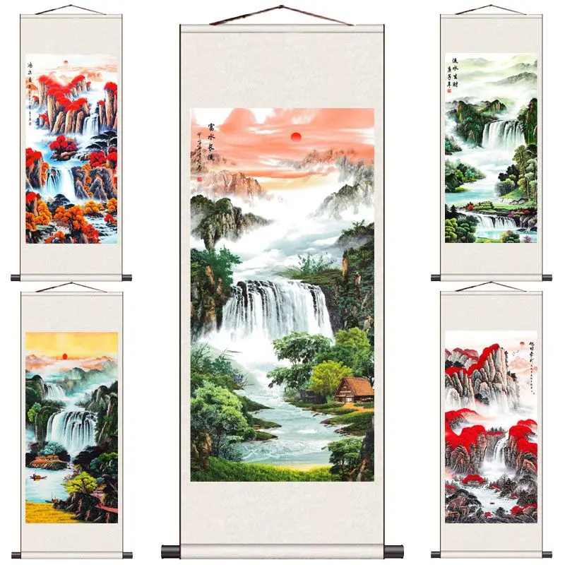 

Chinese Style Landscape Scroll Wall Paintings Vintage Room Decor Aesthetic Fengshui Home Decoration Living Room Office Wall Art