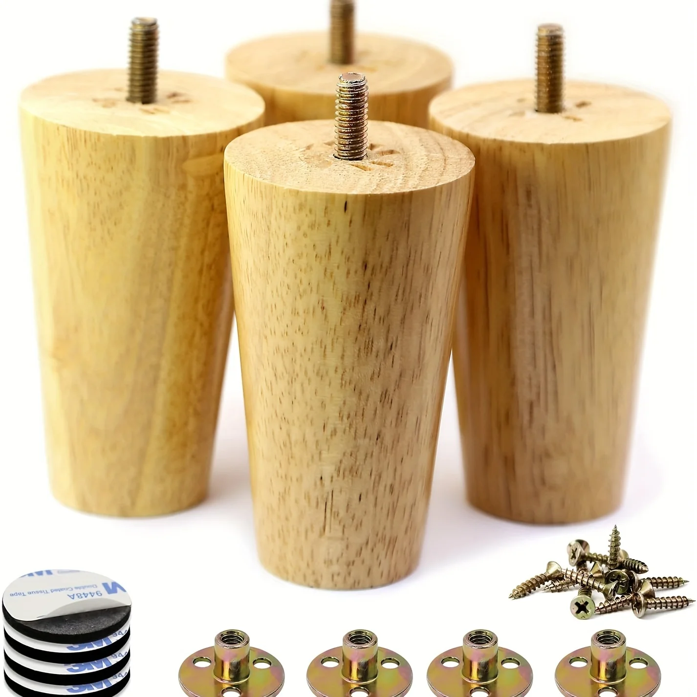 Solid Round Wood 4 Inch Set of 4 Sofa Legs Natural Wooden Couch Legs Replacement Legs