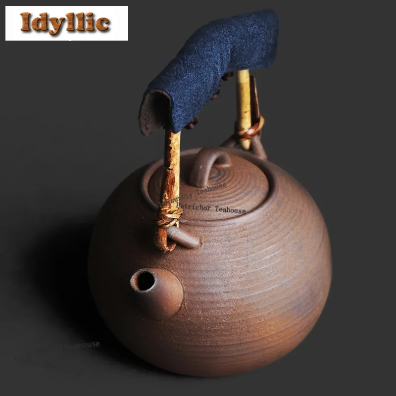 580ml Pottery Mud Rattan Loop-handled Pot Zen Tea Infuser Pot Tea Brewing Kettle With Anti-scald Cloth Teaware Supplies Gifts