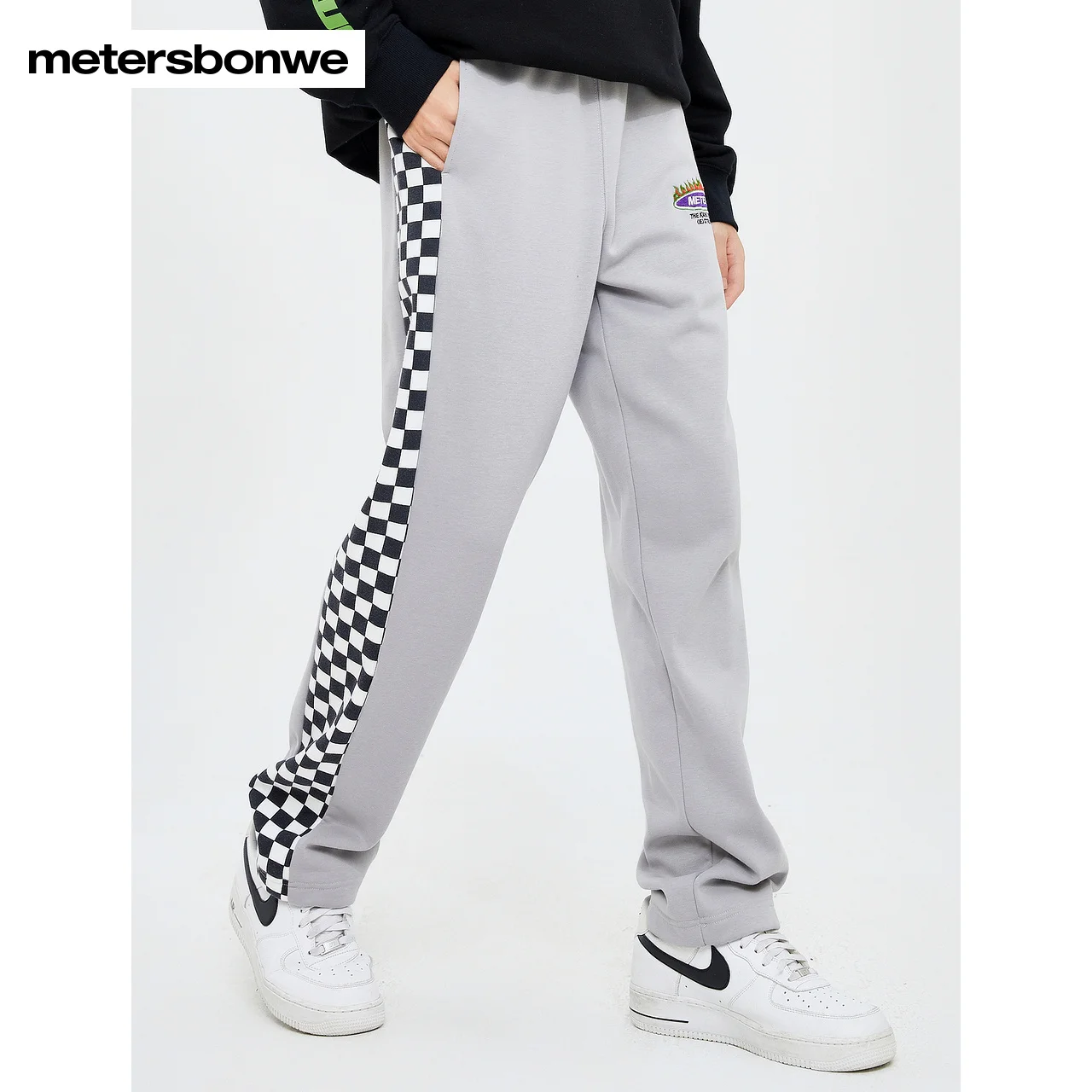 

Metersbonwe-Men's Fleece Casual Pants, Checkerboard Stitching Knitted Trousers, Gray Popular Straight Pant, Brand New, Winter