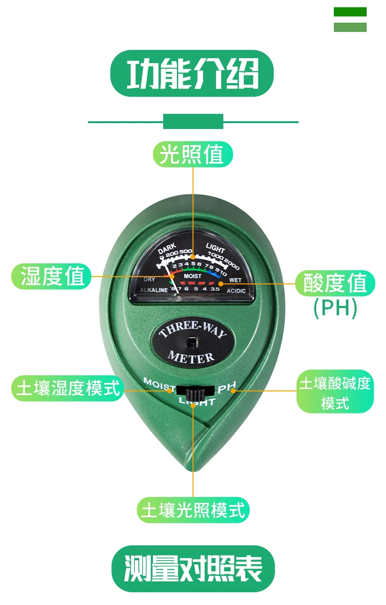 جهاز اختبار درجة الحموضة للتربة ثلاثة في واحد، رطوبة الزهور والنباتات، مراقبة قيمة الضوء والرقم الهيدروجيني، جهاز اختبار النباتات عالي الدقة #3