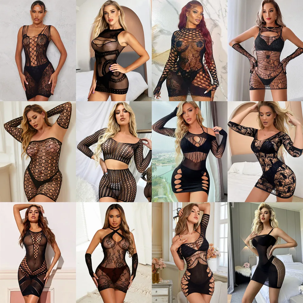 Hot Fashion Fishing Net Bodycon Dress Women\'s Sexy Underwear Mesh Hollow See Through Tight Lingerie Sleepwear Erotic Short Skirt