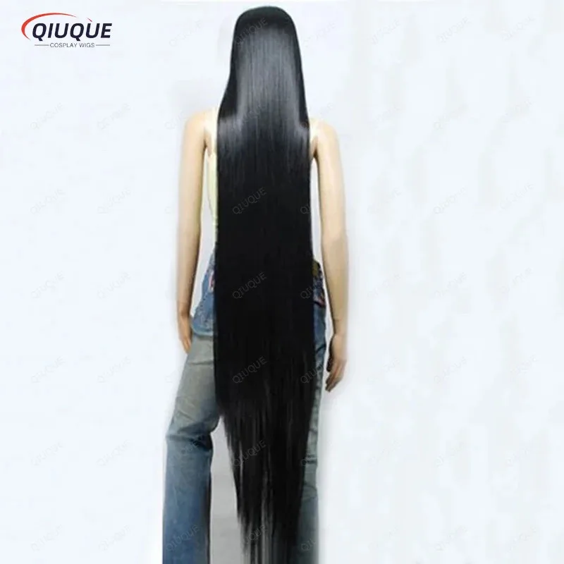 LQ200cm/79 "150 سنتيمتر/59" 120 سنتيمتر/47 "100 سنتيمتر/39" 80 سنتيمتر/32" أسود طويل مستقيم شعر مستعار مقاومة للحرارة الاصطناعية الشعر تأثيري الباروكات + غطاء شعر مستعار #4