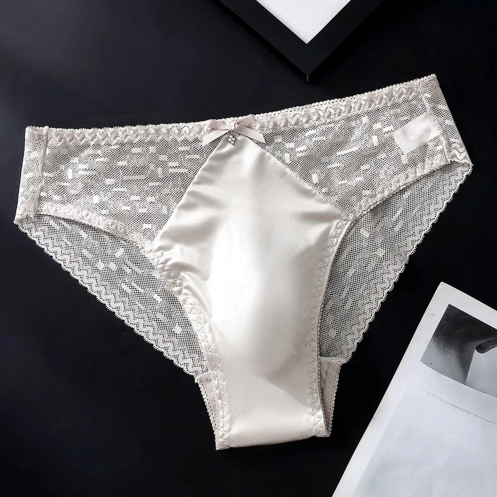 Men Low Rise Satin Lace Briefs Underwear 3D Bulge Pouch Solid Elastic Underpants Panties Daily Wear Lightweight  Men Panties