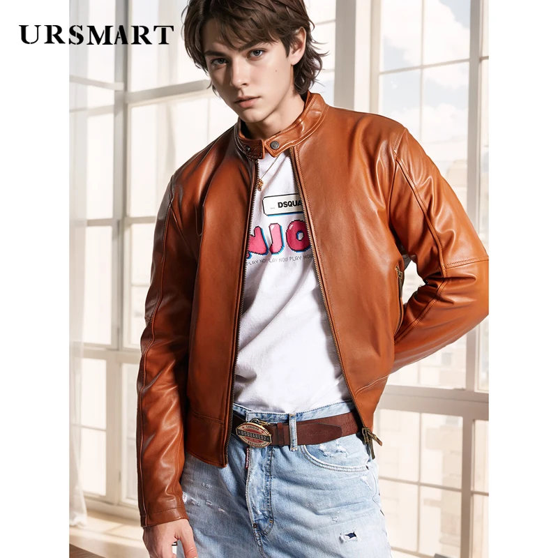 Brown standing collar sheepskin men\'s jacket for spring and autumn fashion high-quality leather customized short Coats