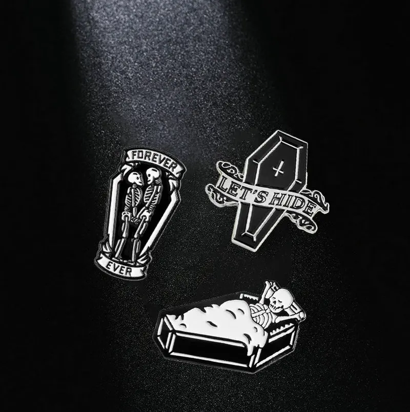 Pin Badge Custom Stay in Coffin Brooches Lapel Pin Jeans shirt Bag Dark Halloween Skeleton Jewelry Gift Let's Hide Enamel view 3