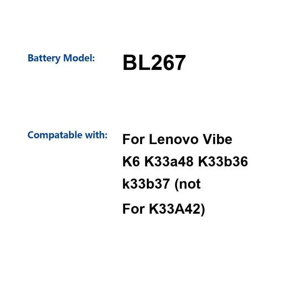 

Для Lenovo Vibe K6 K33a48 K33b36 K33b37 не подходит K33A42 аккумулятор мобильного телефона большой емкости быстрая зарядка 3000 мАч BL267