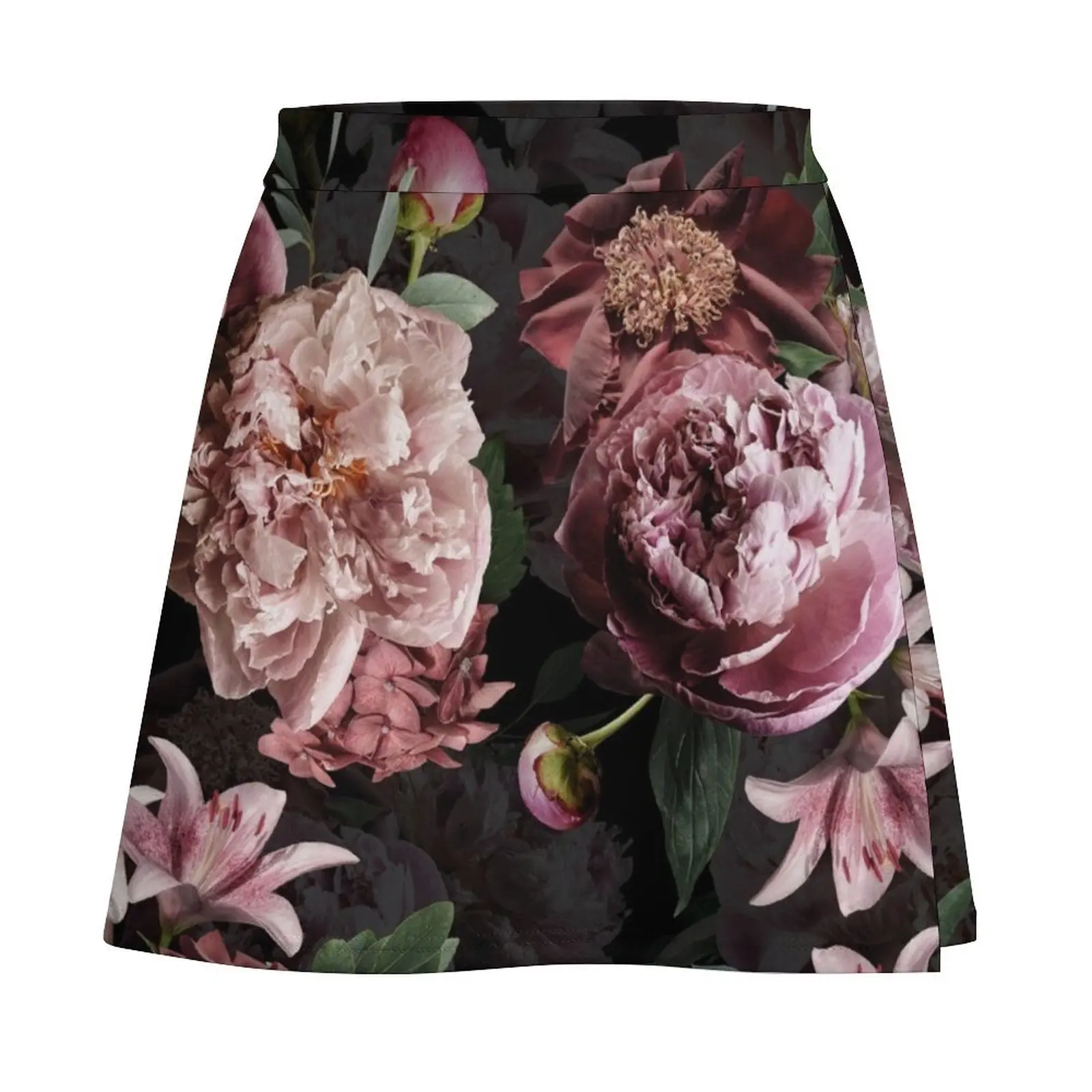 Blush Peonies On Black Real flowers Botanical Night Garden Pattern Mini Skirt short skirts for women Korean skirts