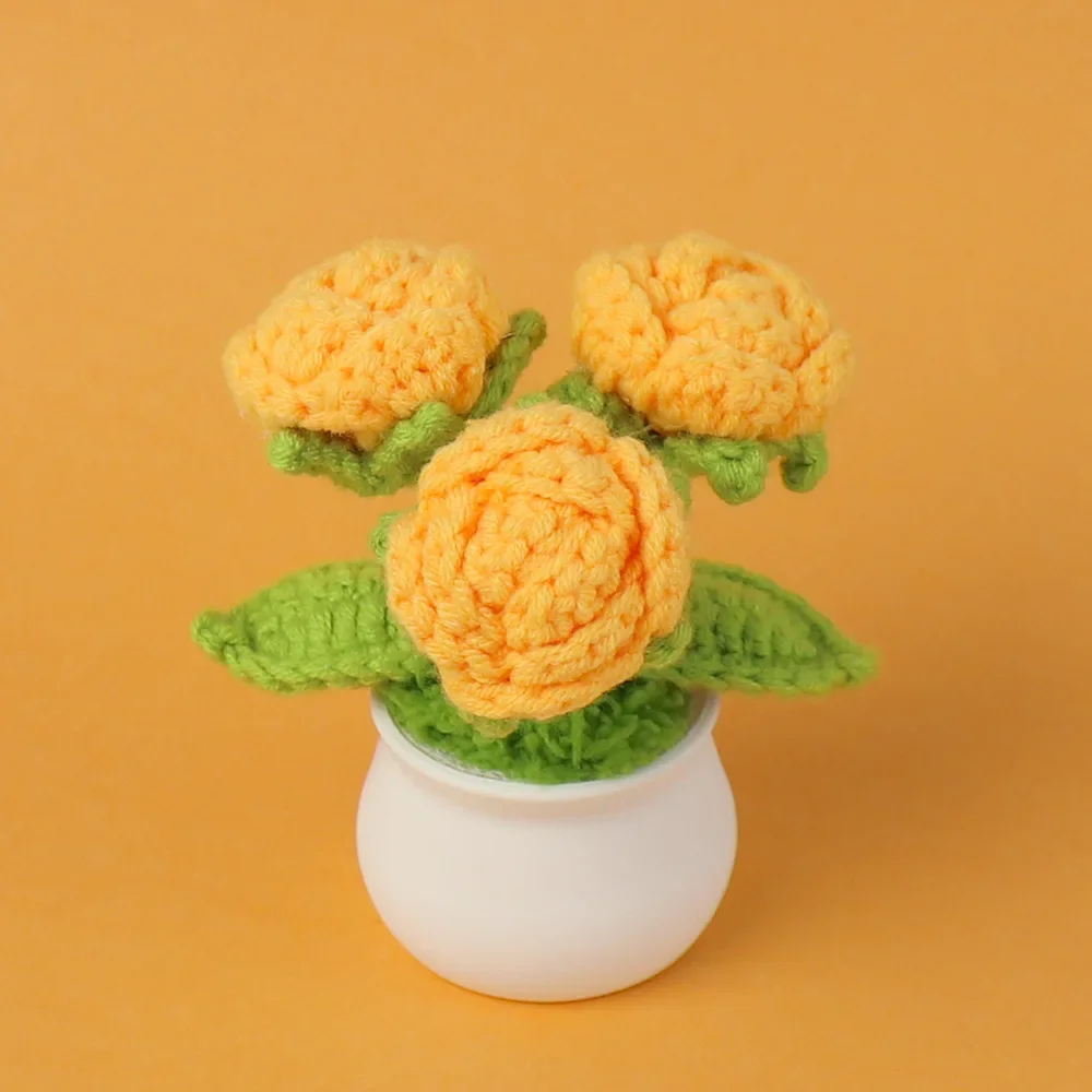 Knitted Rose Flower Potted Creative Crochet Flower Artificial Plant Graduation Gift Wedding Home Decor