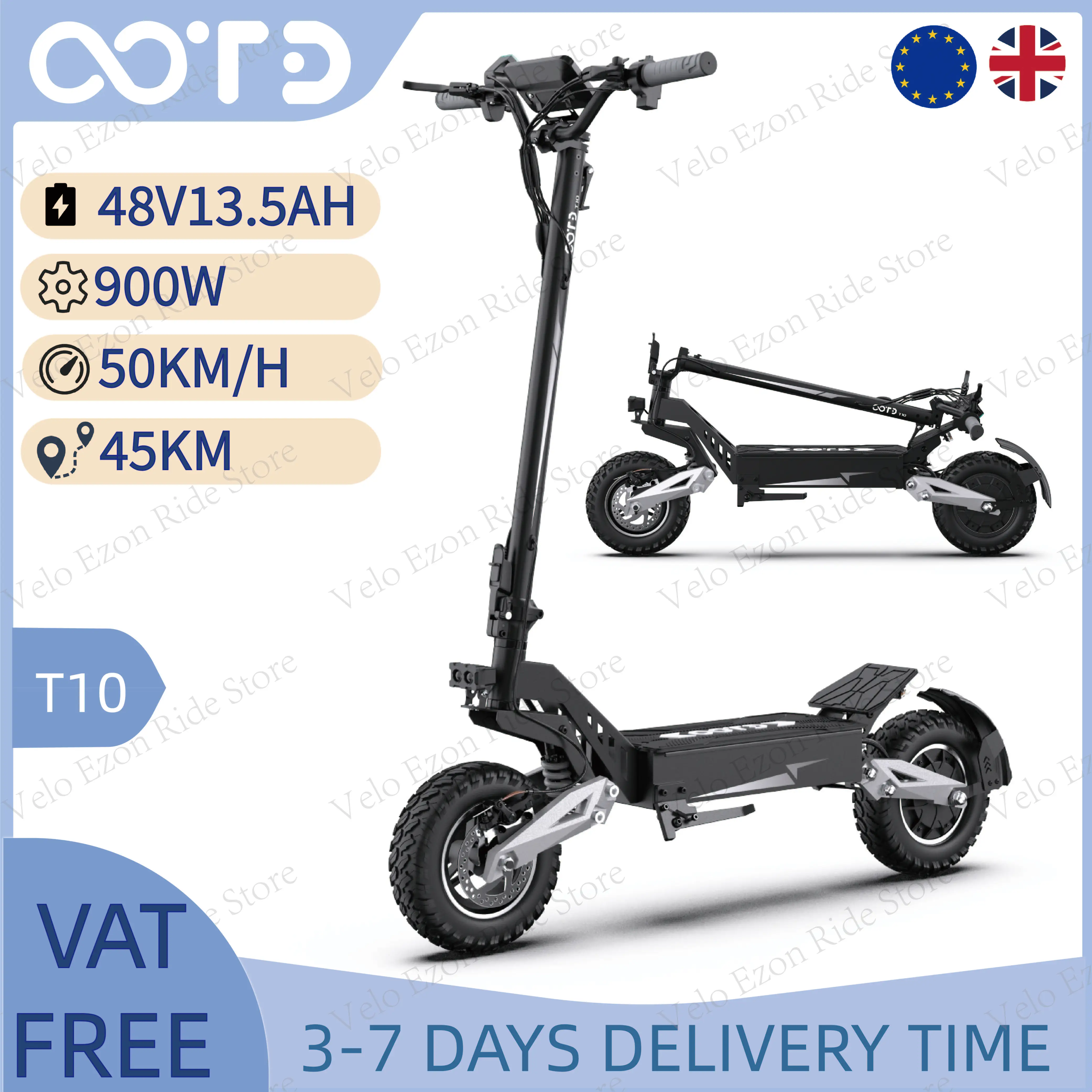 OOTD T10 E-Scooter 900W Peak Motor 48V13.5AH Battery Foldable Electric Scooter 11-Inch Tubeless Tire E-Scooter