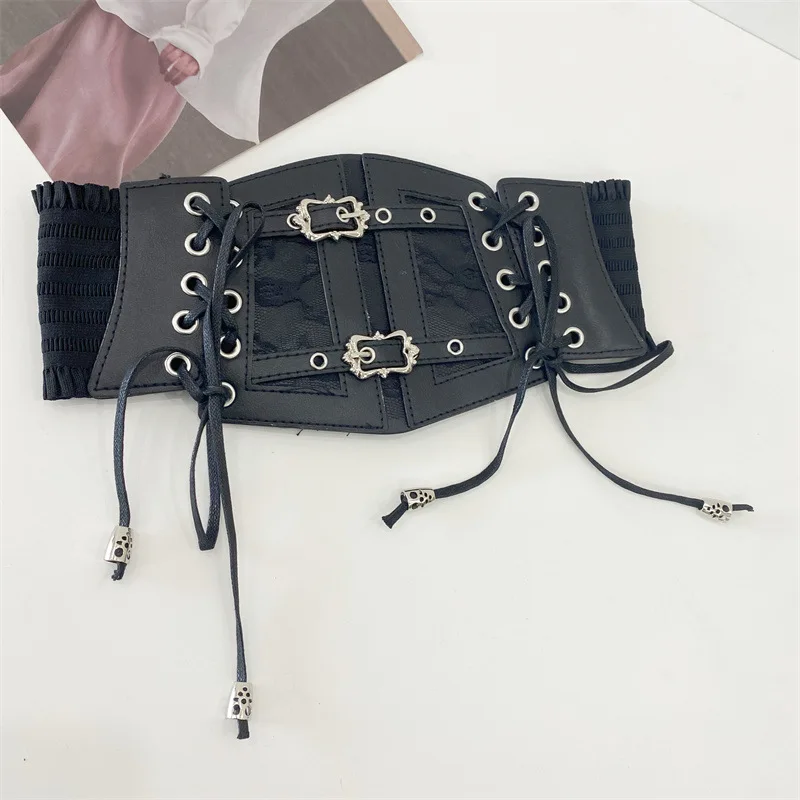 Women'S Wide Elastic Waist Belt 2025 Retro Black Lace Strap Leather Waist Belt Ladies Decoration Fashion Elastic Waist Wide Belt