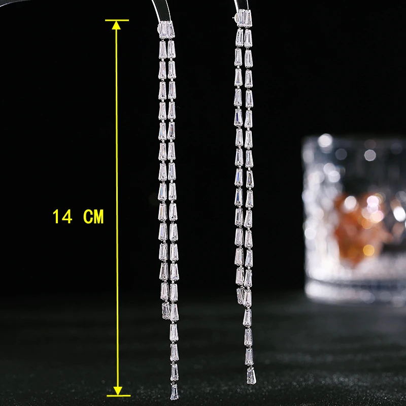 Luxury Shiny Crystal Zircon Long Tassel Earrings for Women Geometric Hanging Drop Dangle Earrings Female Wedding Party Jewelry