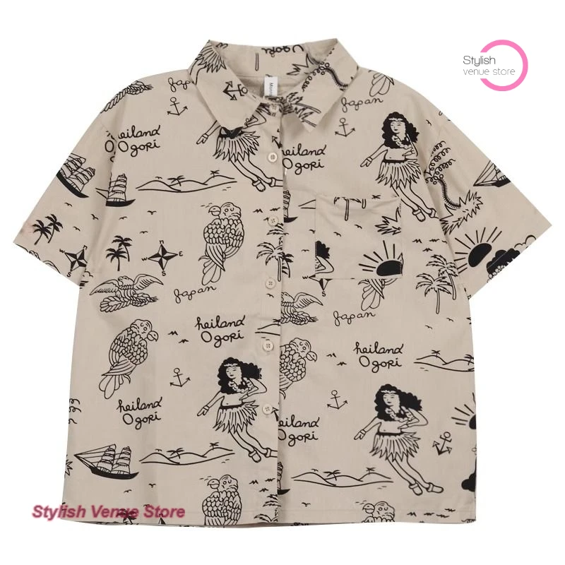 French retro graffiti cartoon short-sleeved shirt women's summer fashion loose design sense niche casual versatile chic top