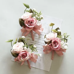 Boutonnieres de BODA coloridos simples para novio, alfileres, flores de seda, pulsera, brazalete, ramillete, muñeca, decoración de fiesta, damas de honor