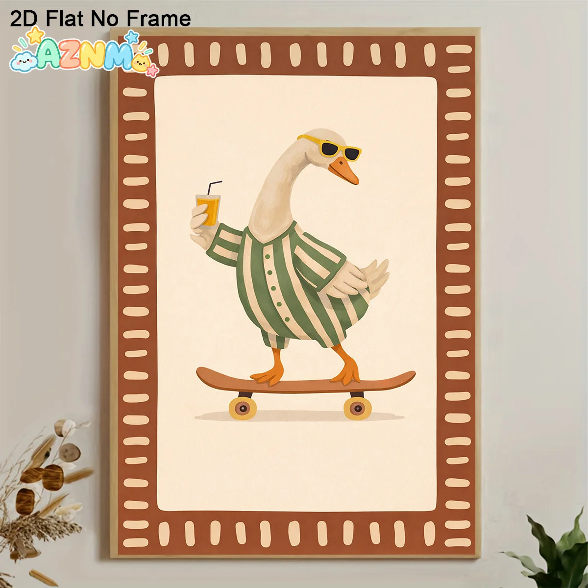 2D Flat, 1pc Modern Frameless Goose Poster - Whimsical Skateboarding Goose in Fashion Glasses with Drink, Fun Animal Cartoon