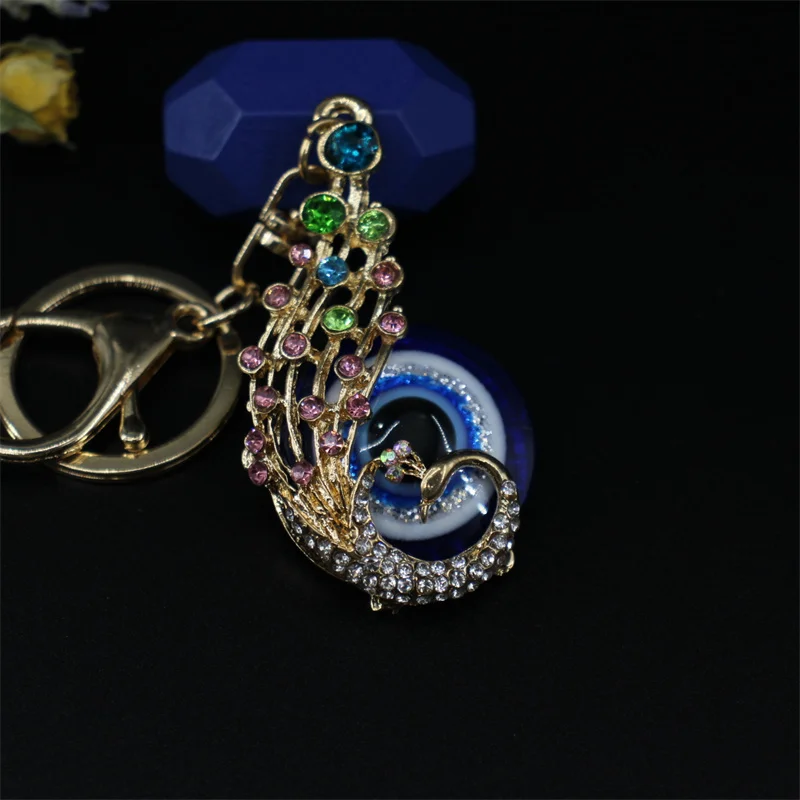 Religious Evil Eye Keychain Pendant Car Key & Keyring Deep Blue Peacock Animal Women Bag Accessories