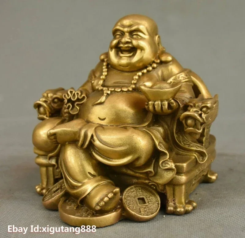 Rare China Buddhism Brass Dragon Chair Wealth Happy Laugh Maitreya Buddha Statue