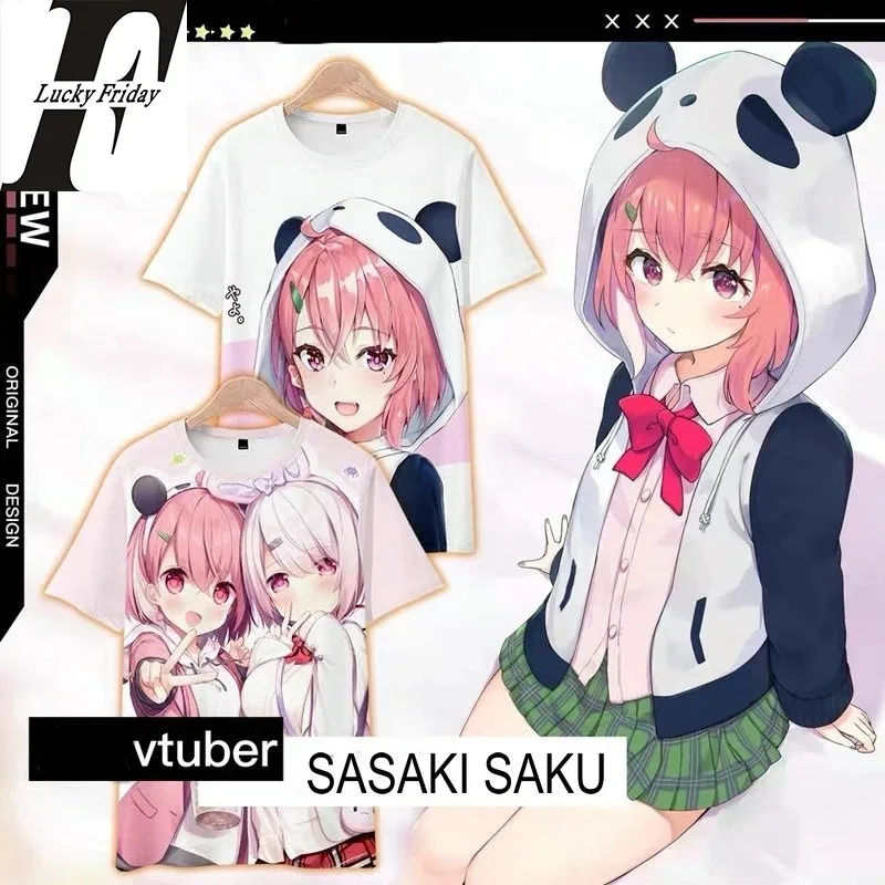 

Vtuber sasaki saku 3d t-shirts moda kawaii anime das mulheres dos homens camisetas topos o-pescoço de manga curta meninos