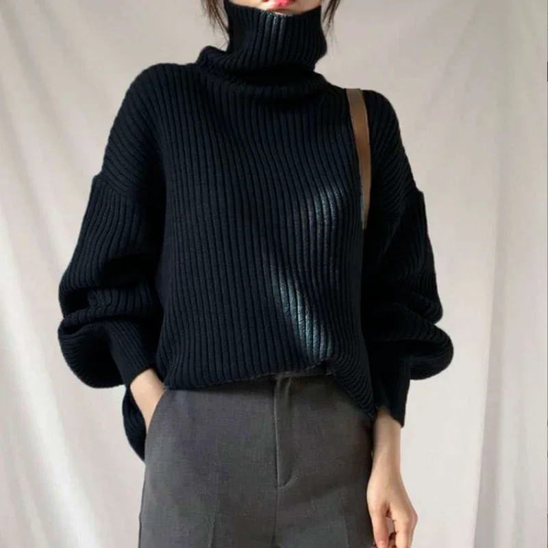 

Retro Turtleneck Sweater 2022 Solid Color Long-sleeved Women's Autumn and Winter Warm Lazy Knitted Short Casual Pullover Women