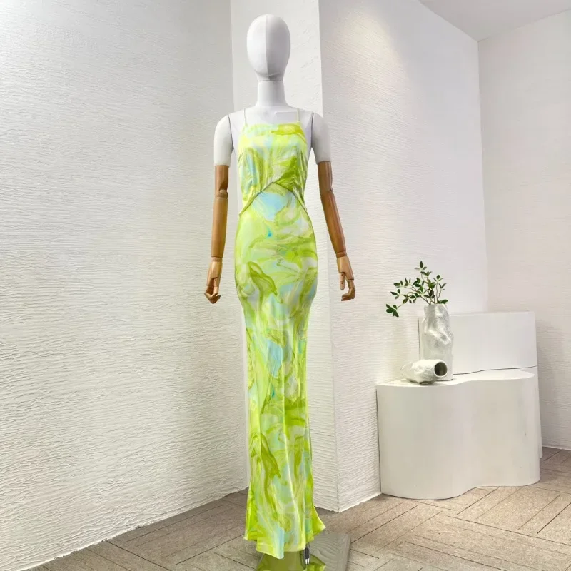 Women's Eleagant Sexy Green Floral Print Backless Cross Tie Back Sleeveless Maxi Dresses 2025 New High Quality