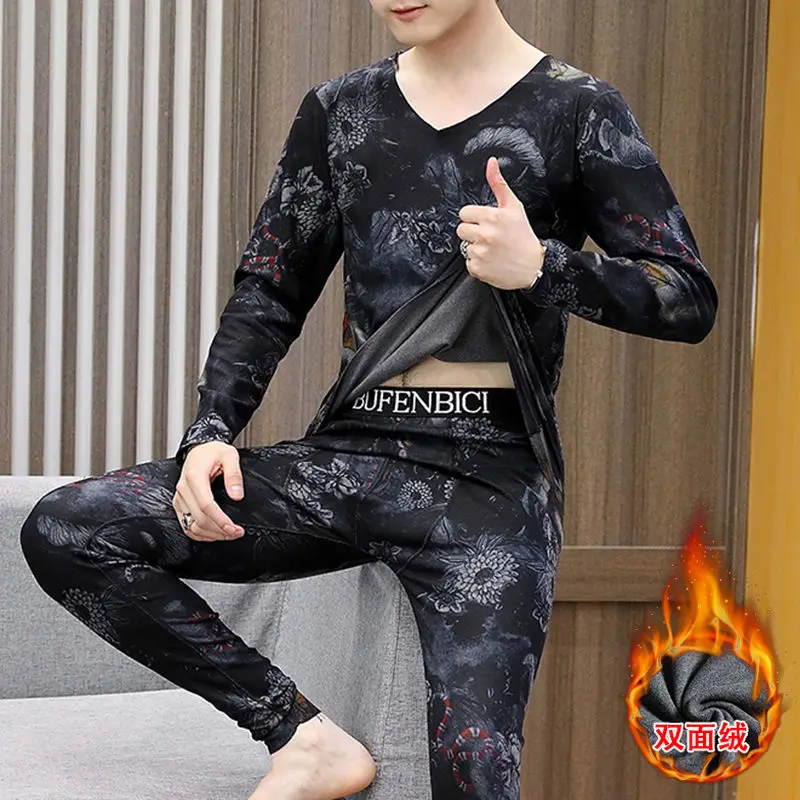 가을과 겨울 무봉제 따뜻한 속옷 남성용 양면 독일 벨벳 세트 청년용 브이넥 롱존 잠옷 세트