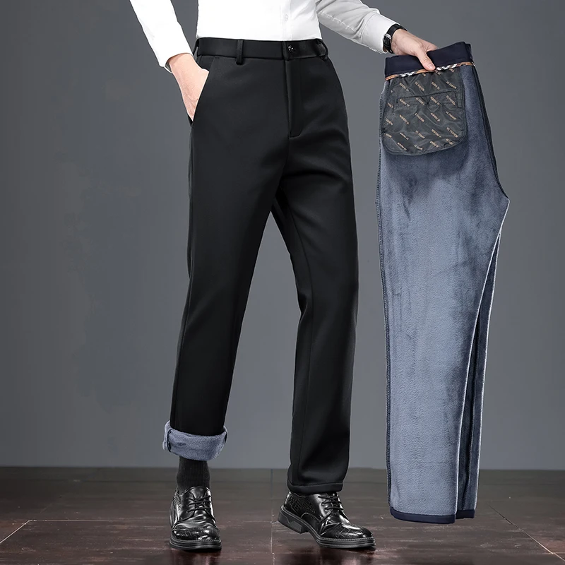 Pantaloni casual da lavoro da uomo Pantaloni foderati in pile Gamba dritta Pantaloni eleganti da ufficio invernali elasticizzati Comfort blu navy