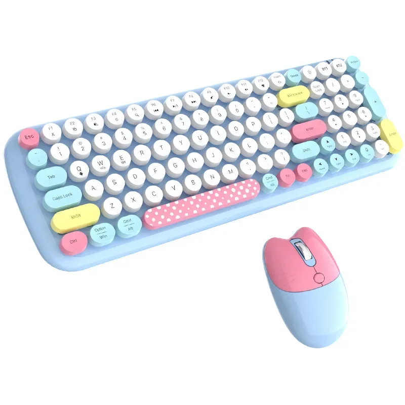 Cute 2.4G Wireless Keyboard Mouse Set with Circular Keycap Keyboard and Mouse for PC Laptop Phone Tablet Computer