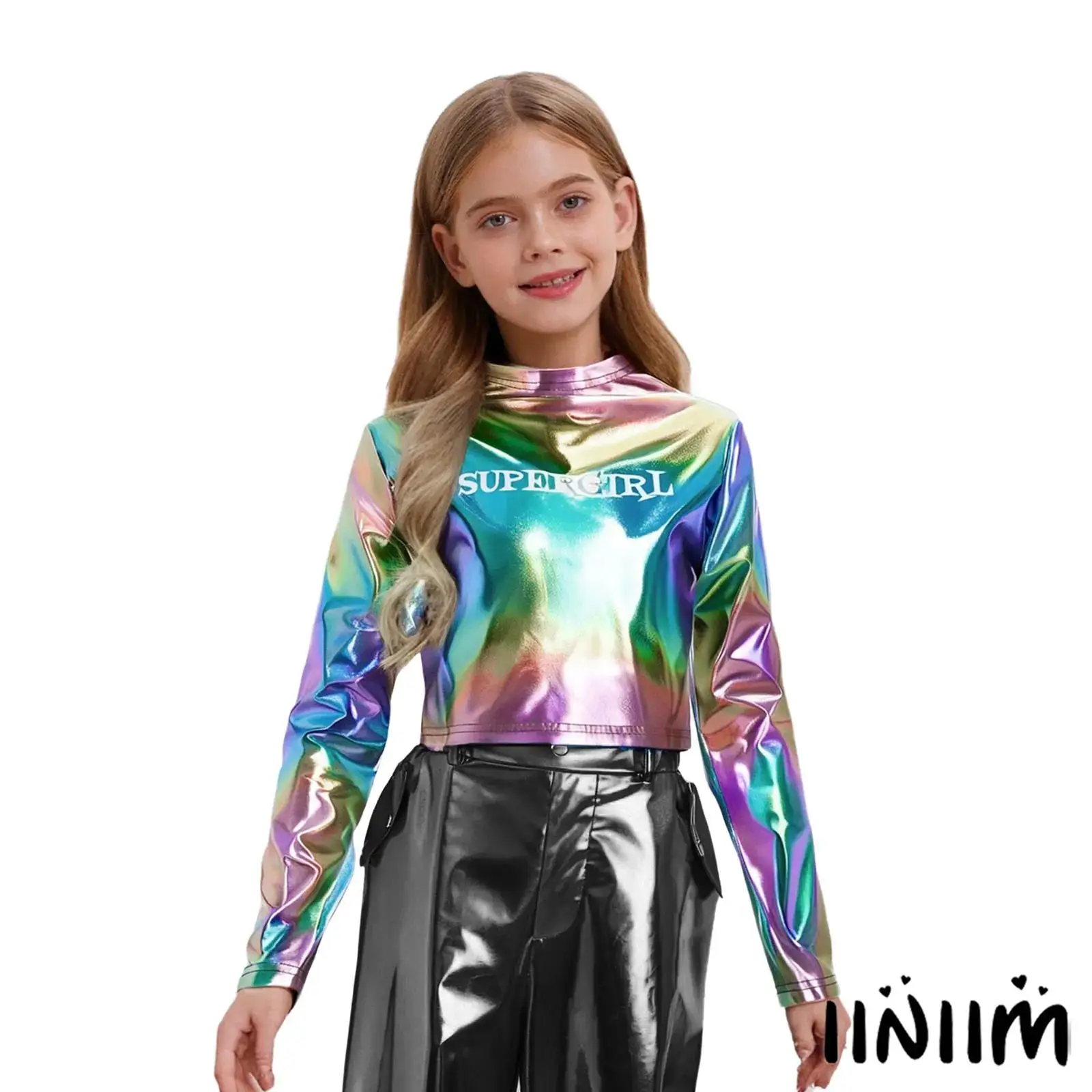 

Kids Girls Hip-Hop Jazz Dance Tops Crew Neck Long Sleeve Letter Printed Metallic Crop Top for Dance Party Stage Performance
