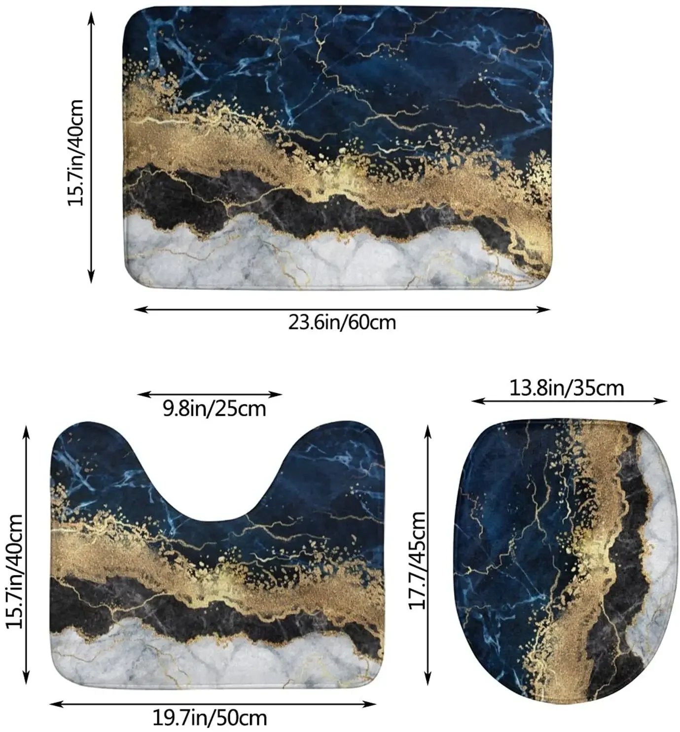Tapete de banho para banheiro, azul marinho, mármore, dourado, conjuntos abstratos, 3 peças, tapete de chuveiro, espuma de memória, antiderrapante, banheira