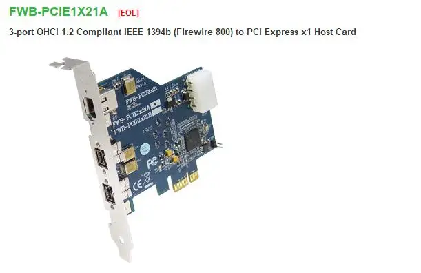 

FWB-PCIE1X21A 3-port OHCI 1.2 Compliant IEEE 1394b (Firewire 800) to PCI Express x1 Host Card