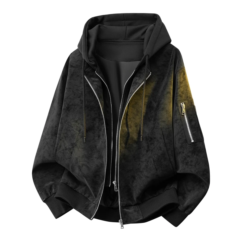 Men Hooded Jacket Zip‑Up Drawstring Multi‑Zipper Pocket Loose Windbreaker Casual Street Outerwear for Spring Autumn Daily Wear