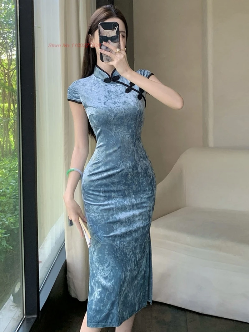 

Китайское винтажное платье без рукавов, Cheongsam, бархатное вечернее платье с тиснением, традиционное народное платье Ципао для ночного клуба, платье