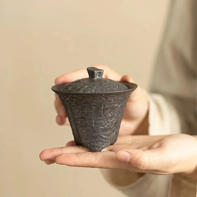 80ml Handmade Coarse Pottery Gaiwan Ancient Bronze Glaze Three Leg Tea Tureen Household Tea Making Cover Bowl Drinkware Craft