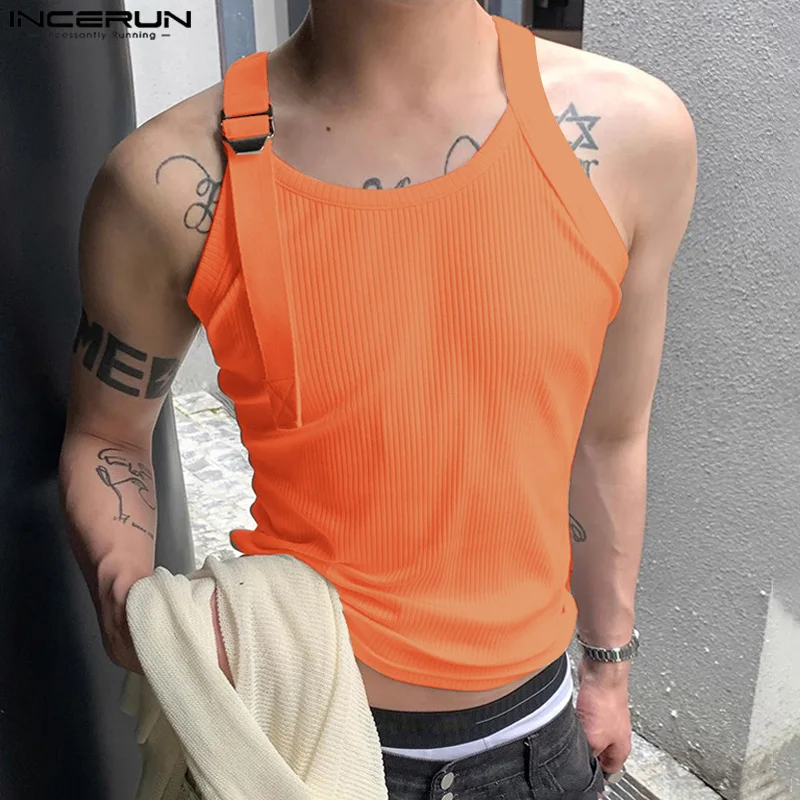 Casual Simple Style Tops INCERUN Men Knitted Shoulder Strap Design Vests Summer Streetwear Male Sleeveless Solid Tank Tops S-5XL