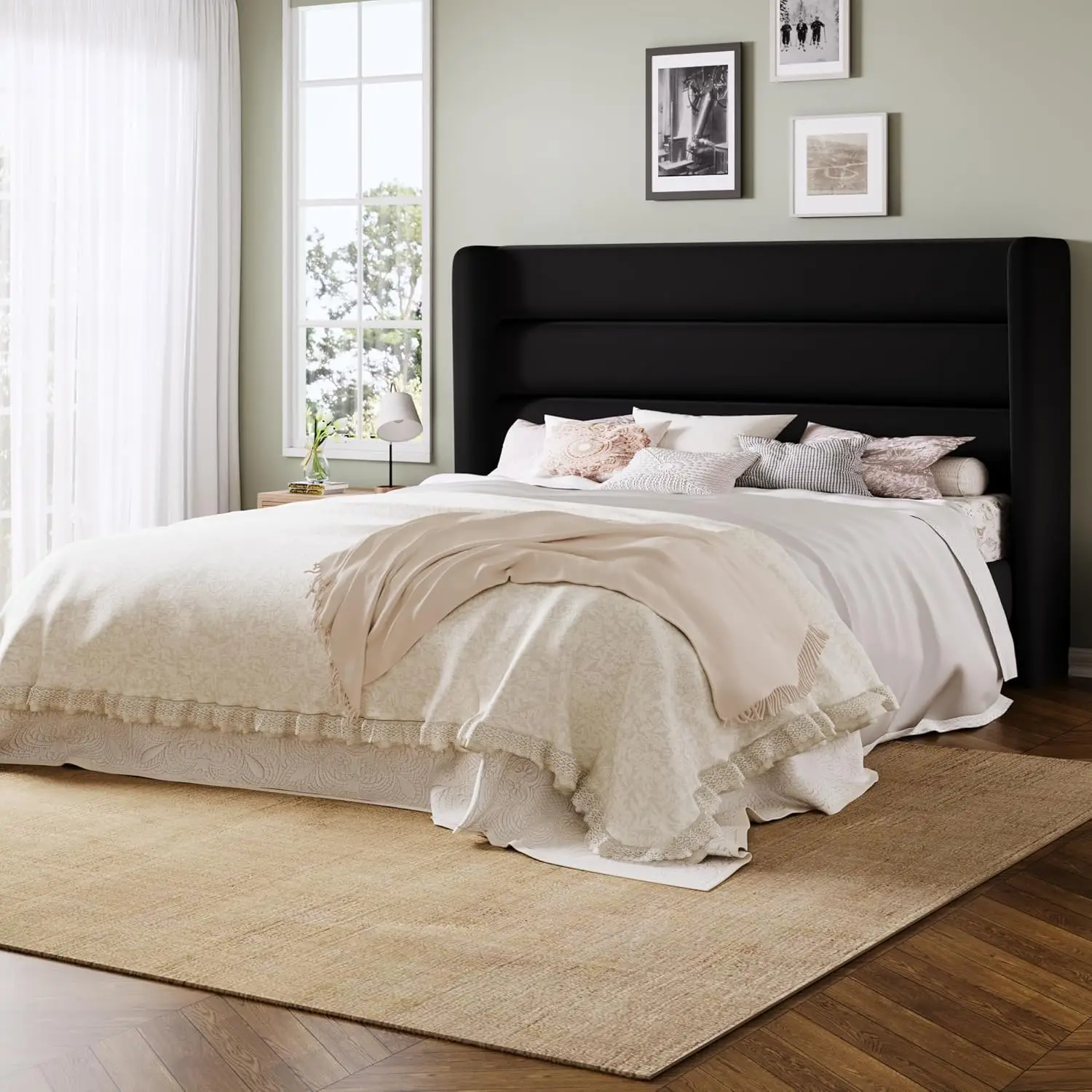 Velvet Upholstered Wingback Full Platform Bed Frame with Storage, Wooden Slats, No Box Spring, Easy Assembly, Black, Customized