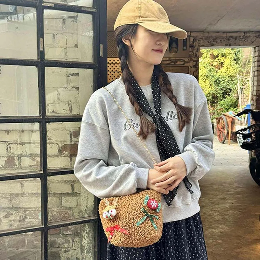

Shoulder Bag Kawaii Christmas Crossbody Bag Santa Claus Bow Plush Square Pouch Elk Deer Large Capacity Women's Chain Bag Storage