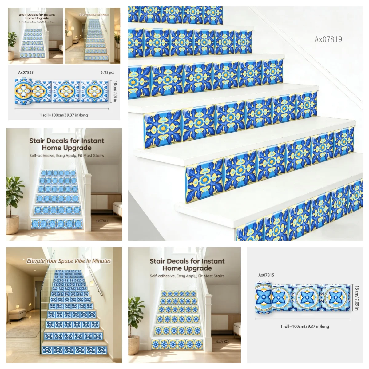 Blue Yellow Portuguese Azulejo Tile Stair Riser Stickers Multi‑use for Stair, Wall Borders,Cabinet & Kitchen Backsplash Decor