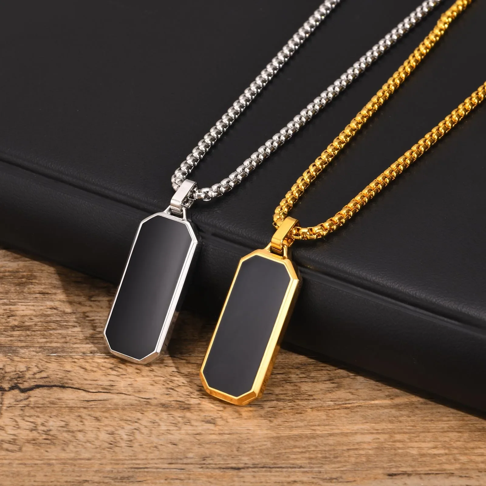 Simplicity Drop Glue Hanging Tag Smooth Plain Stainless Steel Pendant Men's Necklace