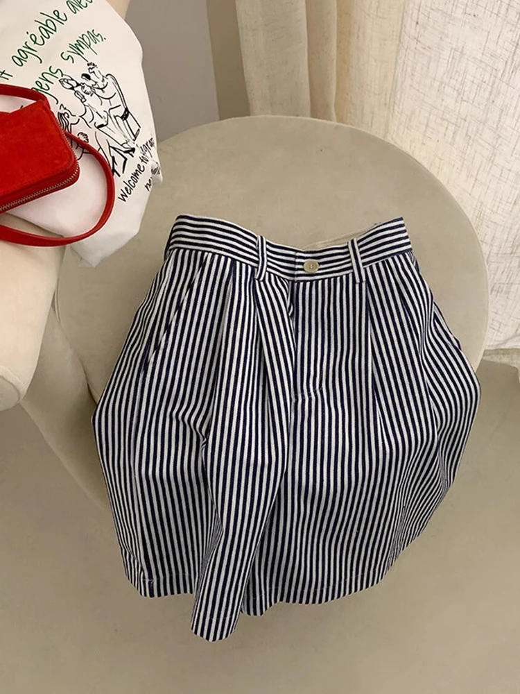 Korean Style Casual Striped Women's Short Pants Summer Fashionable Slimming Wide Leg Pants Five-Point Pants High Waist Straig...