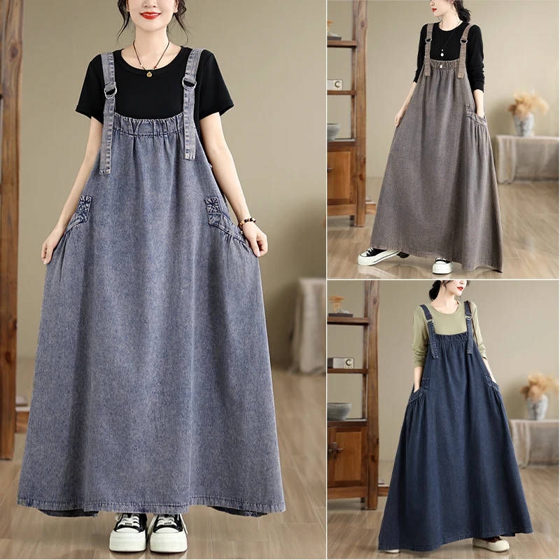 City Outdoor Style Loose Fit Cotton Denim Skirt Dress with Shoulder Straps in Vibrant Colors for Women All Seasons Wear