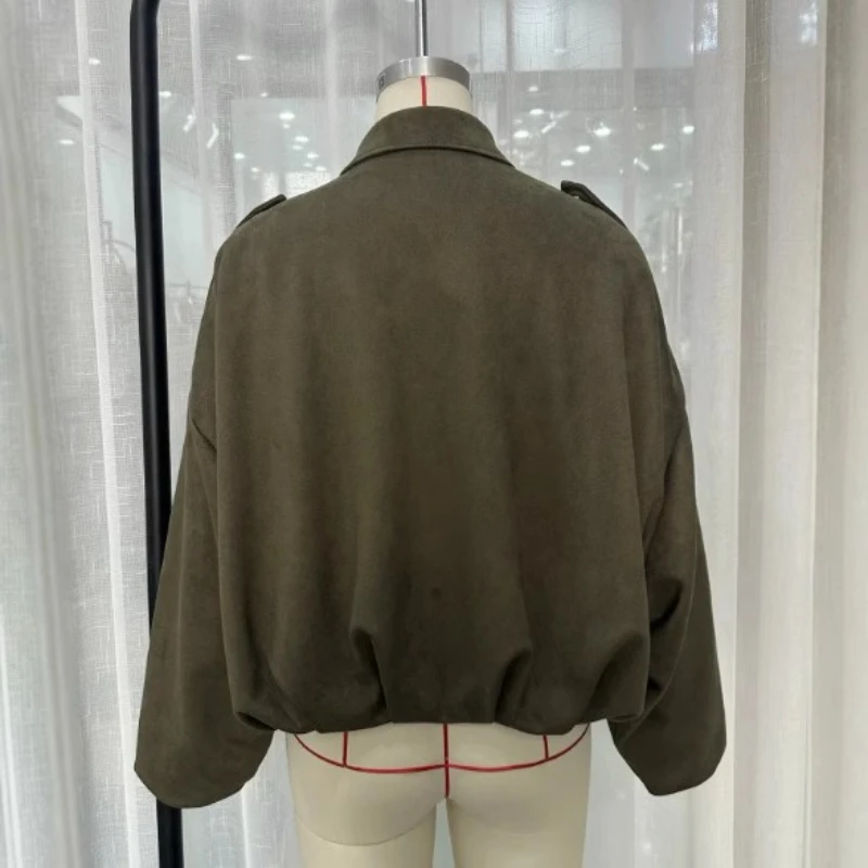 Women's Faux Suede Collared Jacket Olive Green Loose Fit Shoulder Straps Stylish AliExpress Exclusive