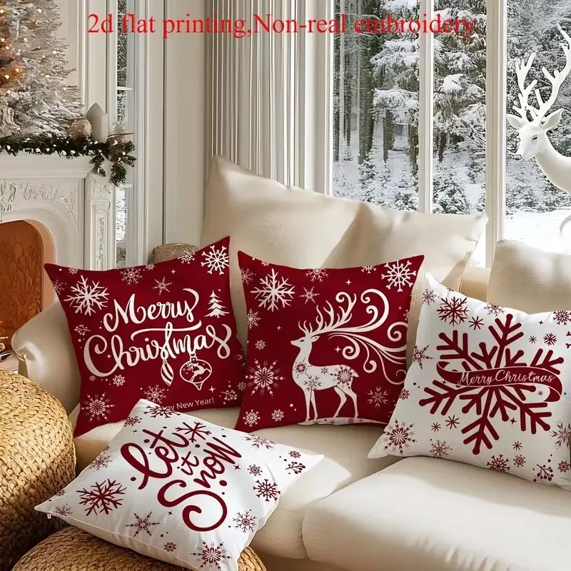 VIKAMA Red and White Christmas Pillowcase, Snowflake and Reindeer “Merry Christmas” Print Pillowcase, Home Decor