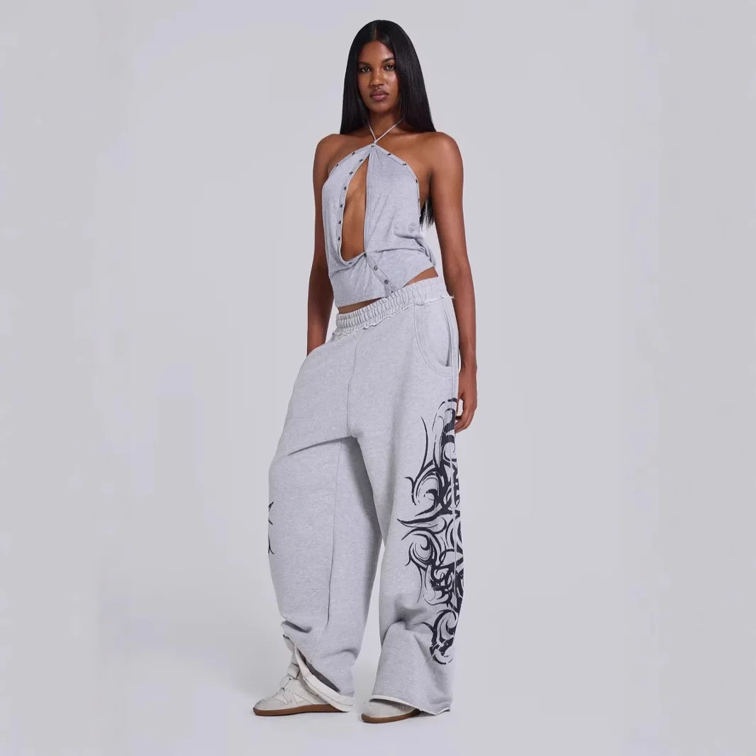 الأوروبية والأمريكية الرجعية الاتجاه الشارع الأمريكي الطباعة فضفاضة واسعة الساق مستقيم عارضة السراويل Sweatpants زوجين الصيف