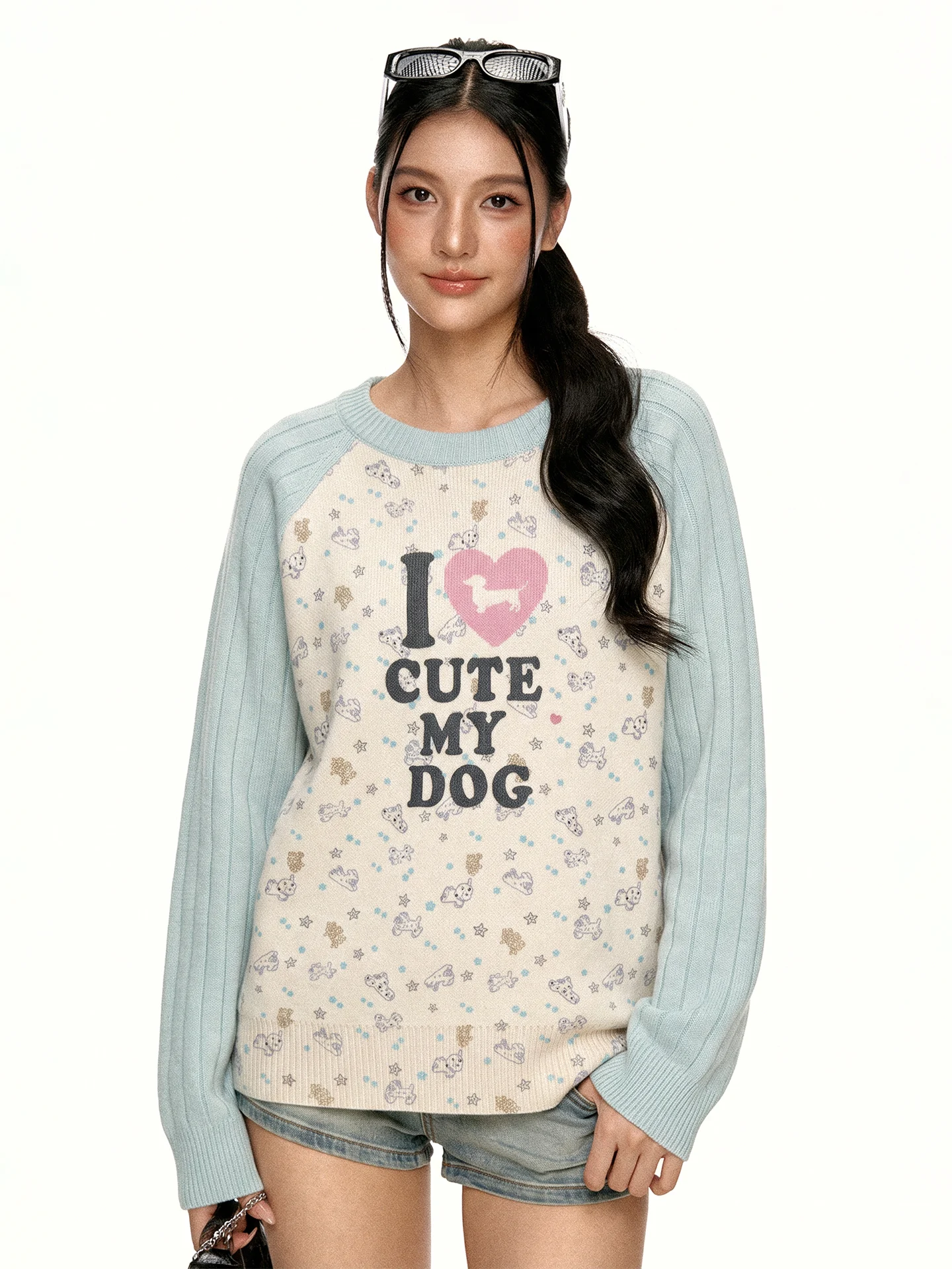 Aaisup Cute Cartoon Dog Print Knitted Long Sleeve T-Shirt Women's Autumn Design Color Block Base Top Casual Loose Fit round Neck